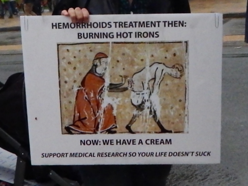 Hemorrhoids treatment then: Burning hot irons. Now: We have a cream. Support medical research so your life doesn't suck. 